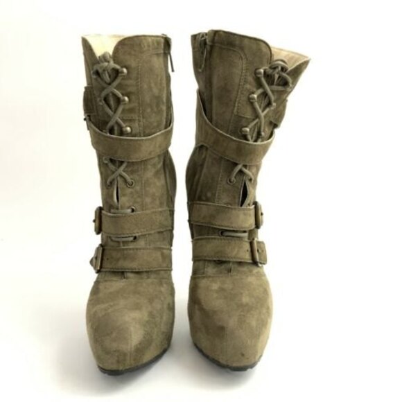 Brian Atwood All Leather Niki Platform Boots Green Military Ankle 38 - Picture 8 of 16